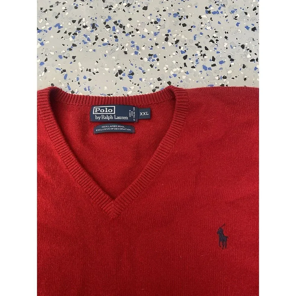 Polo Ralph Lauren Sweater Men's Size 2XLRed Lambswool V-Neck Pullover Logo HOLE‎
